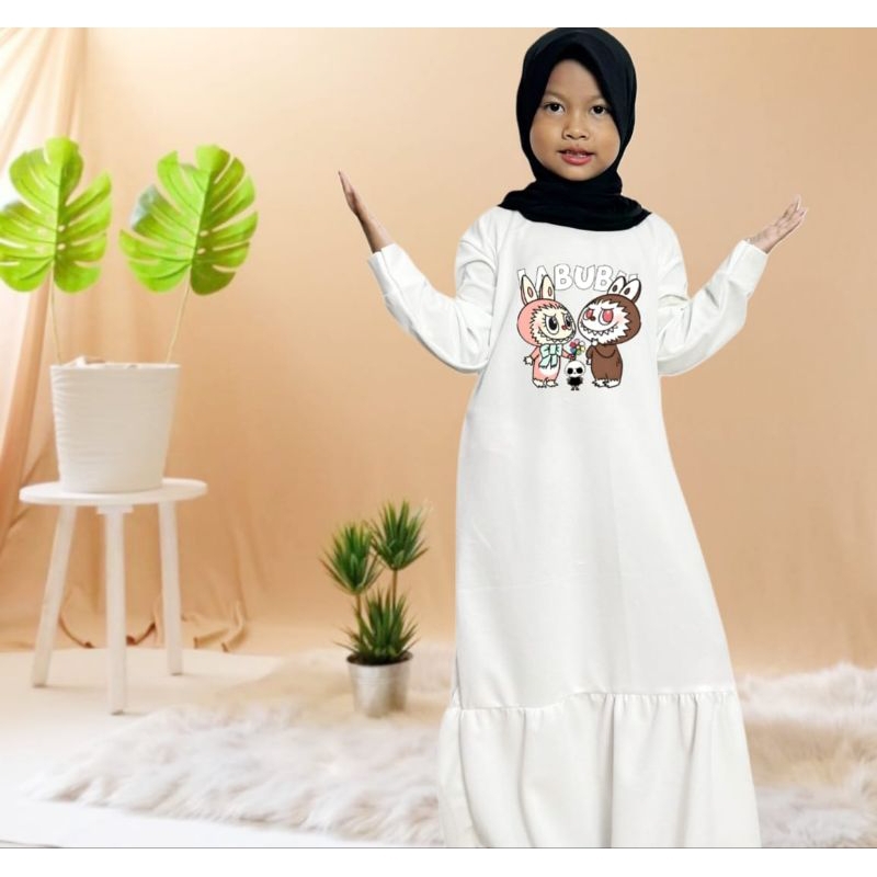 Dres Gamis Muslim Anak Perempuan Motif LABUBU FLOWER/Fashion Muslim Anak Kekinian