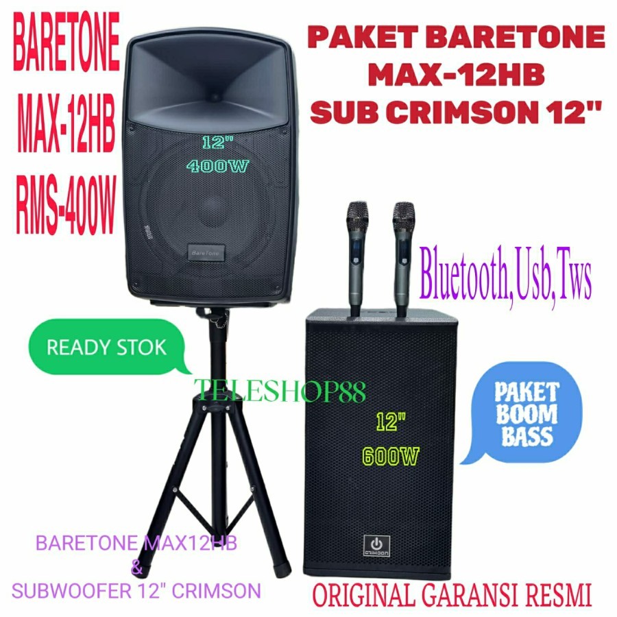 Paket Sound System Speaker Portable 12 Inch BARETONE MAX12HB+Subwoofer Aktif Crimson CR 1288X 12 Inc