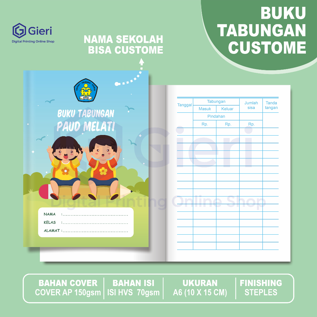 

GIERI - BUKU TABUNGAN CUSTOME / TABUNGAN SMP MTS SD RA TK PAUD CUSTOME FULL COLOR MURAH