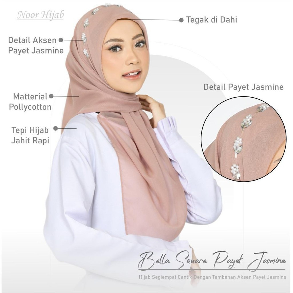 Jilbab Segiempat payet motif jasmin// Bella Square pearly motif jasmin JAHIT TEPI Polycotton premium