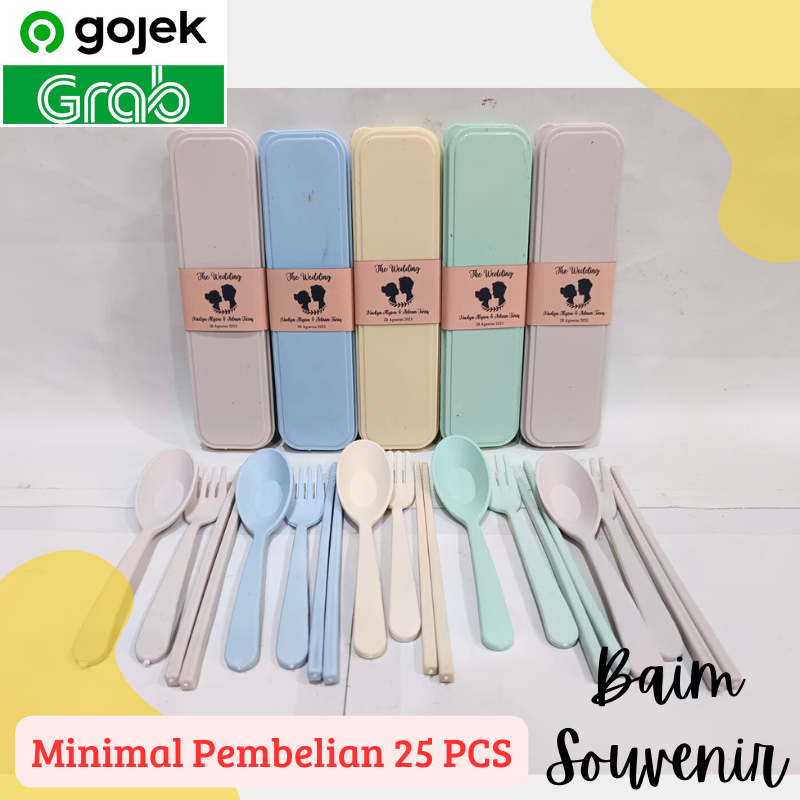 Souvenir Pernikahan Sendok Garpu Sumpit + Wadah Kotak CUSTOM NAMA SATU SET