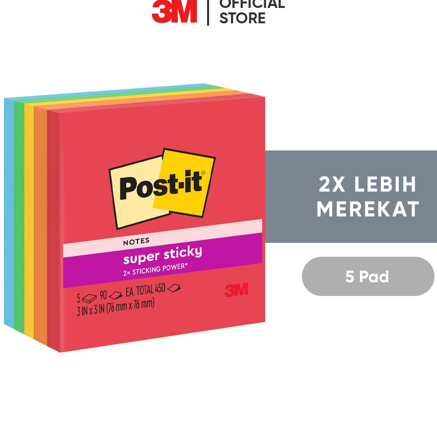 

2 IN 1 3M Postit Super Sticky Notes Memo Tempel 6545ssan 2x Lebih merekat 5 pad 76x76 mm Untuk berbagai permukan