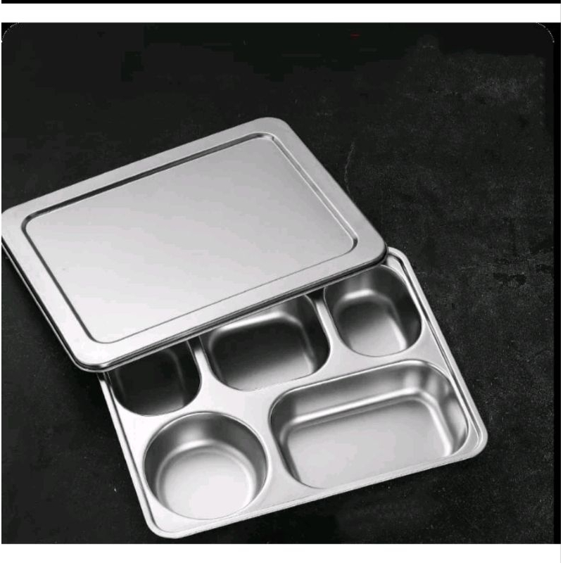 Food Tray Piring Stainless Steel Lunch Box Set 5 Sekat Tebal Dengan Tutup Stenlis Tempat Makan Bekel