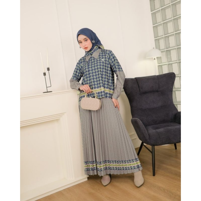 One Set Setelan Rok Plisket Prisket Premium Wanita Motif Moza