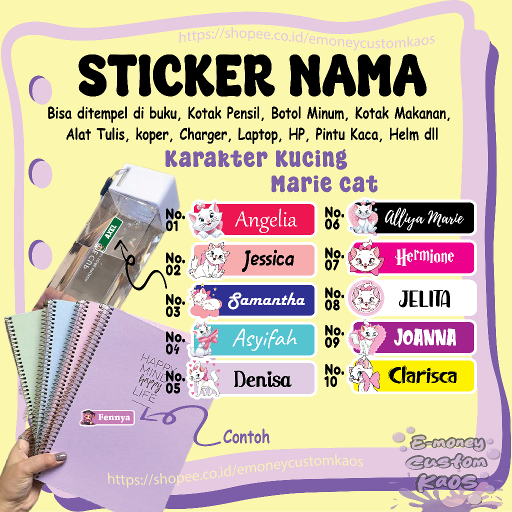 

STICKER LABEL NAMA MARIE CAT KUCING LUCU STIKER CUSTOM LEBEL PREMIUM MURAH LUCU BISA TEMPEL DI BUKU KOTAK PENSIL HELM BOTOL MINUM KOTAK MAKANAN ALAT TULIS KOPER LAPTOP HP PINTU KACA