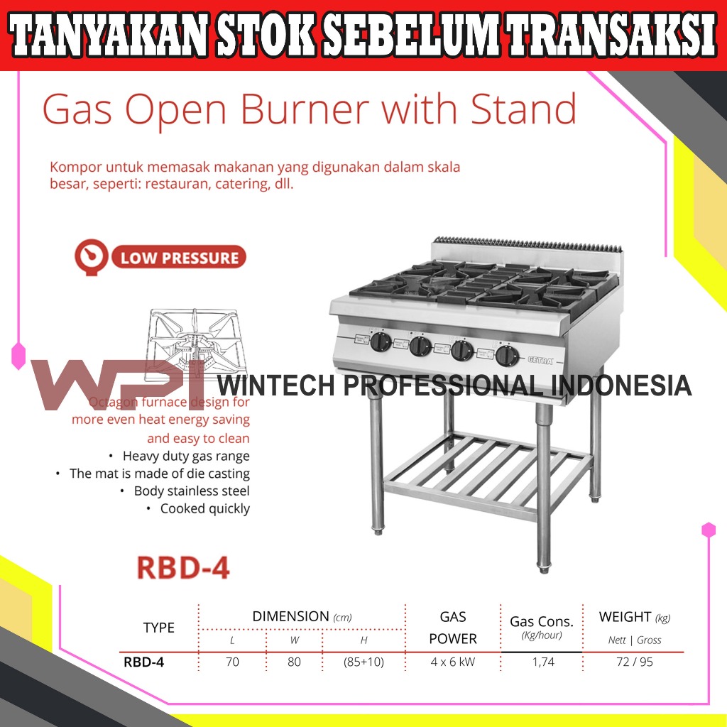 Getra RBD-4 Gas Open Burner With Stand Kompor Skala Besar 4 Tungku - Kompor Untuk Pemakaian Komersia