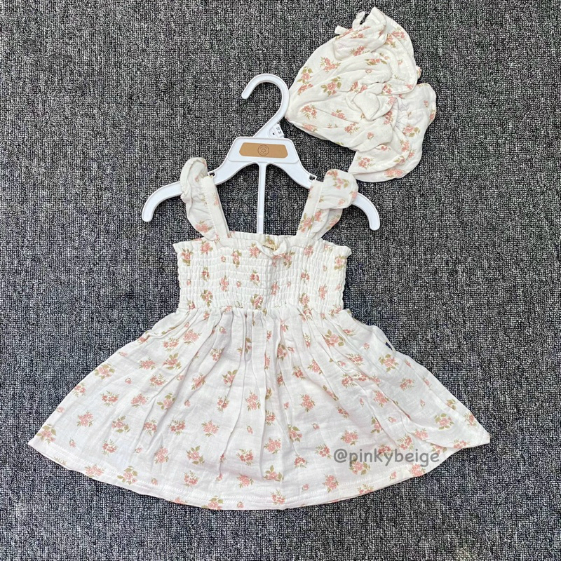 Baju Anak Bayi Dress Smoke Topi Rabbit and Bear RnB Bunga Putih Kamari