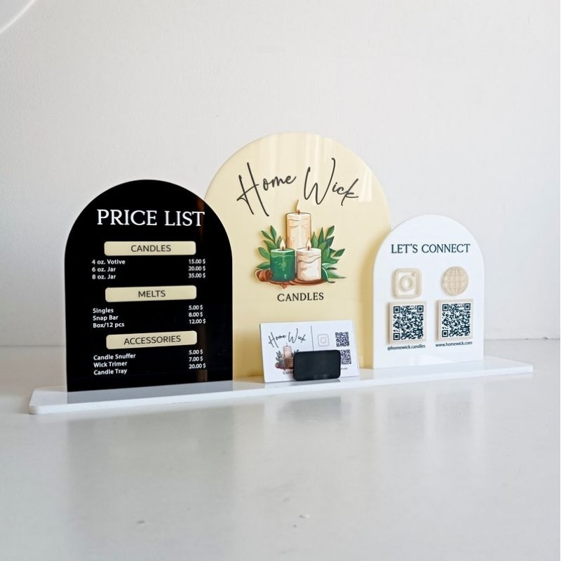 

Small Business Craft Fair Vendor Display with Acrylic Table Top, Credit Card Holder, QR Code Sign, and Social Media Price List Sign