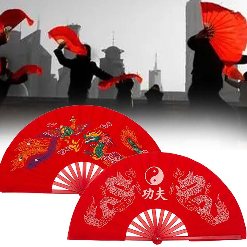Kipas Kungfu 65cm/Kipas Taichi Merah/Kipas Naga/Kipas Merah Tari/Kipas Kain Naga Burung Cina