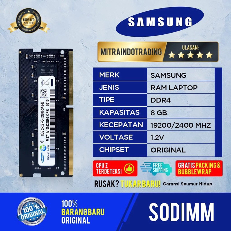 RAM LAPTOP RAM SAMSUNG SODIMM DDR4 8GB PC19200 / 2400 BERGARANSI
