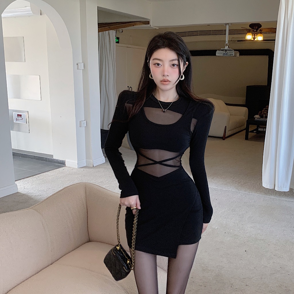 hitam dress Wanita sexy mini Pas Body lengan panjang pantai party korean dress