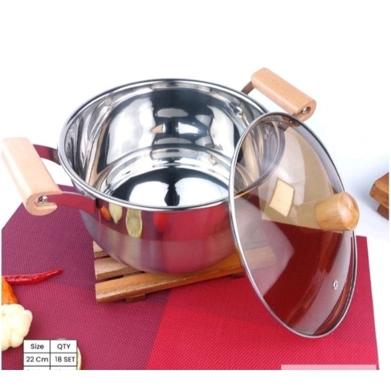 Panci Sop Pot Stainless Steel 26 Cm Kilap Gagang Kayu / Panci Calypso Yang Bagus dan Elegan Kapasita