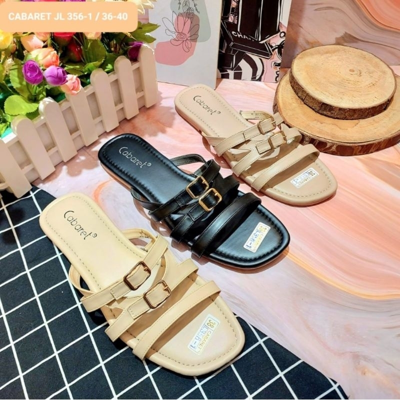 CABARET-Sandal Flat Wanita silang Gesper Origianl korean style