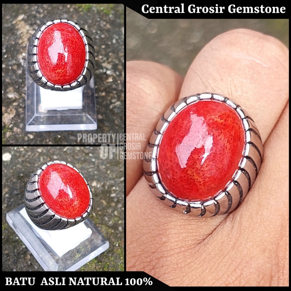 Cincin Batu Marjan Asli Natural Red Coral Akik Ring Titanium Pria