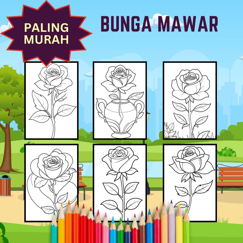 Kertas Mewarnai Ukuran A5 / Bunga Mawar / GAMBAR MEWARNAI / COLORING BOOK / Untuk SD TK PAUD