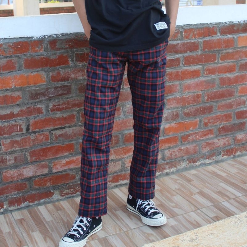 tartan red navy green- tartan pants- celana tartan- celana panjang motif flanel- vintage