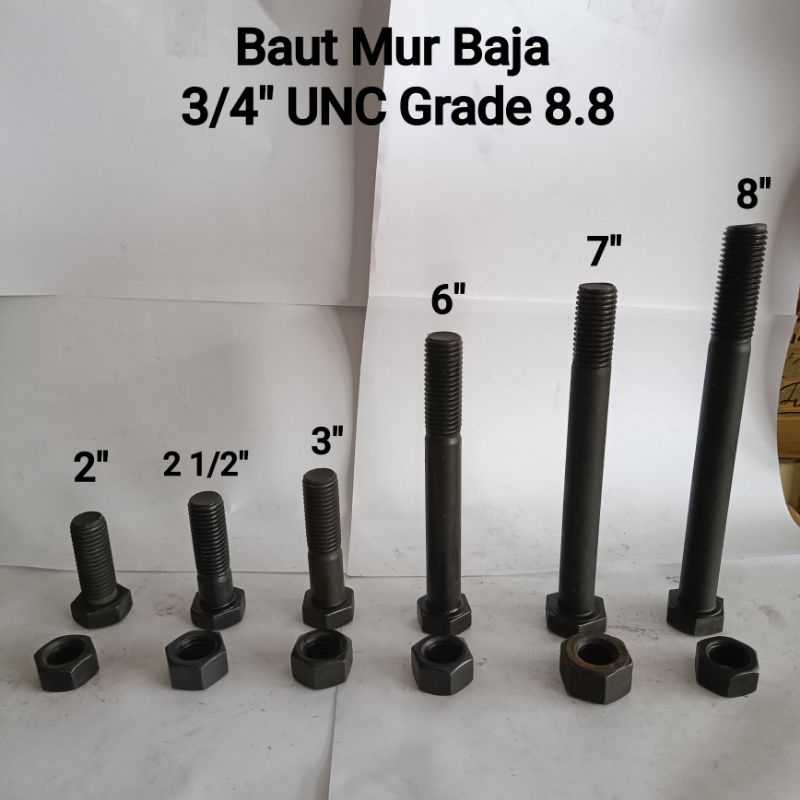 Baut Mur Baja 3/4" UNC Grade 8.8 Kunci 30 Drat Kasar Baut Mur Baja 3/4 Inch