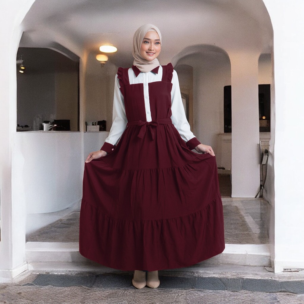 Dress Muslim Korean Style Silvana Ruffle Susun Size S M L XL Gamis Polos Wanita Kombinasi Warna