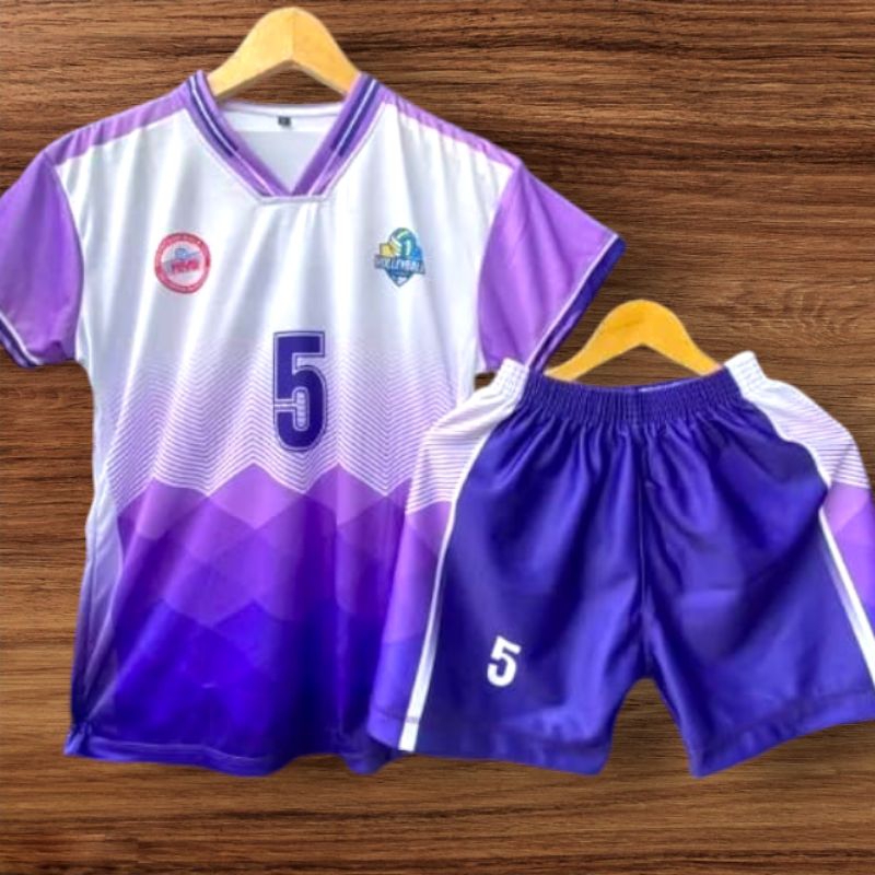 Stelan Jersey Volly Putih Kombinasi Ungu Biru / Kaos Olahraga Voli Wanita Dan Pria / Free Nama Dan N