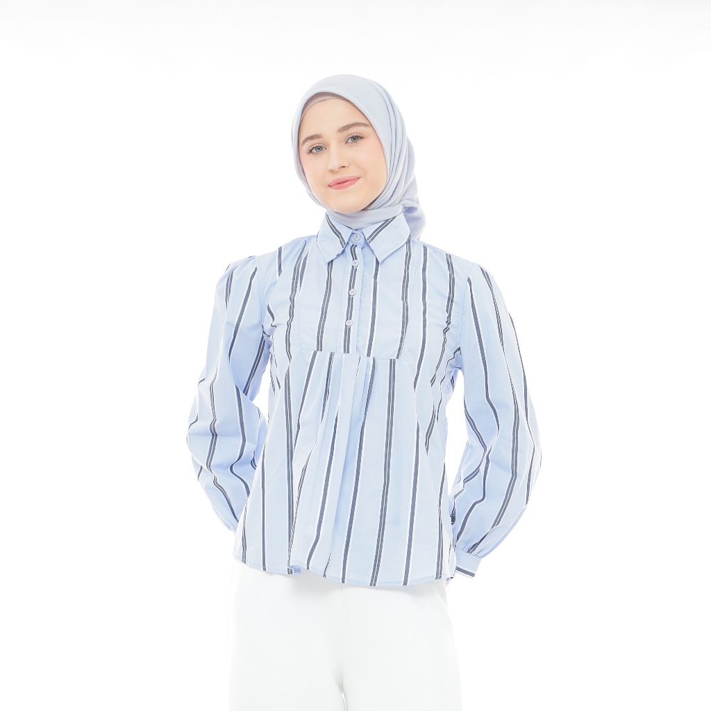 Blouse rempel depan salur Biru - hitam -putih ( Siena Belly Pintuck 100% cotton )