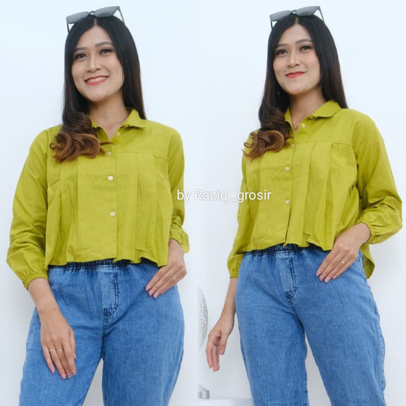 Setelan Wanita Abelia Atasan Kemeja Crop Celana Cutbray Jeans Terbaru