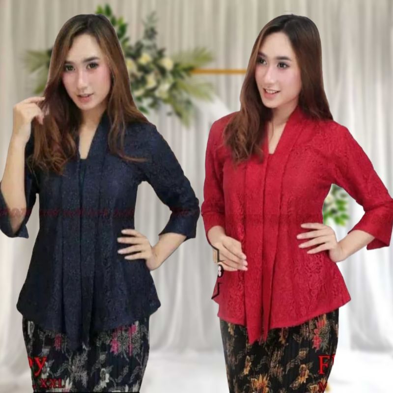 Atasan Kebaya Jumbo Ld 130 Kebaya Brokat Modern Floy Kartini Lengan 7/8 Mix Rok Plisket Qiana