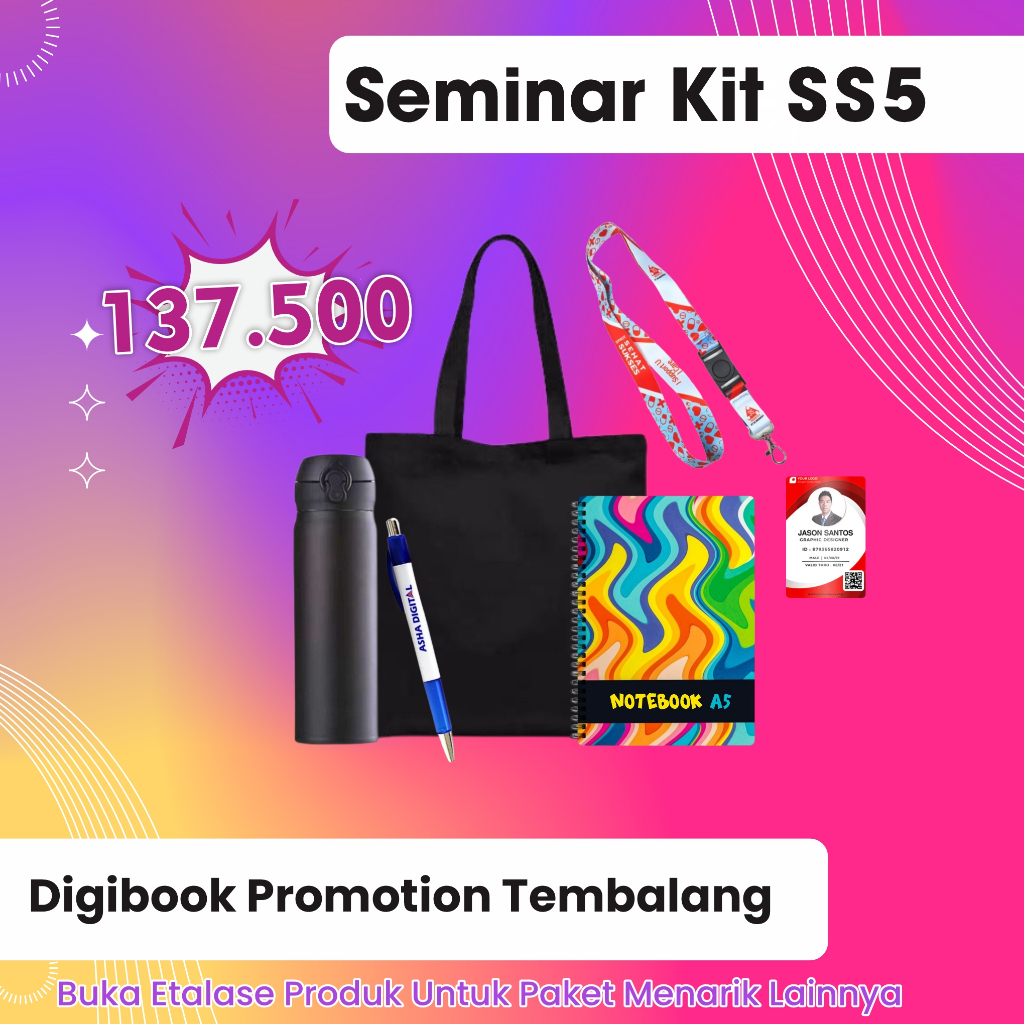 

D300 Kombinasi, Tumbler TC202, Pulpen Sablon, Hard Cover Notebook A5, paket lanyard | Custom Paket Seminar Kit isi 5 | SS5