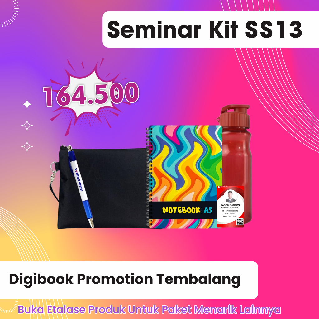 

Pouch Kombinasi D300, Tumbler Florida, Pulpen Sablon, Hard Cover Notebook A5, paket lanyard | Custom paket Seminar Kit isi 5 | SS13