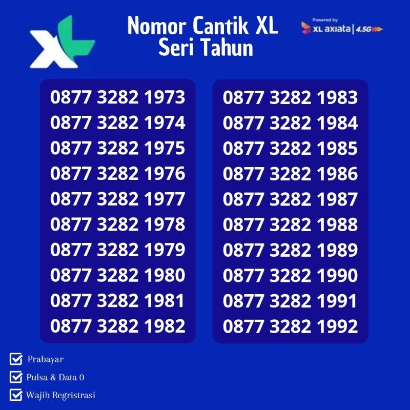 Nomor Cantik XL seri Tahun 1974 - 2024