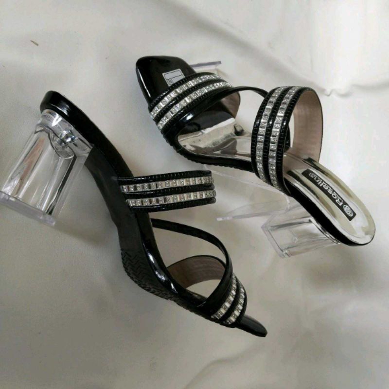 SANDAL HEELS HAK KACA WANITA TERBARU/SANDAL BAN 2 MUTIARA TERBARU TALI SILANG TENGAH KECIL QL 02 Pes