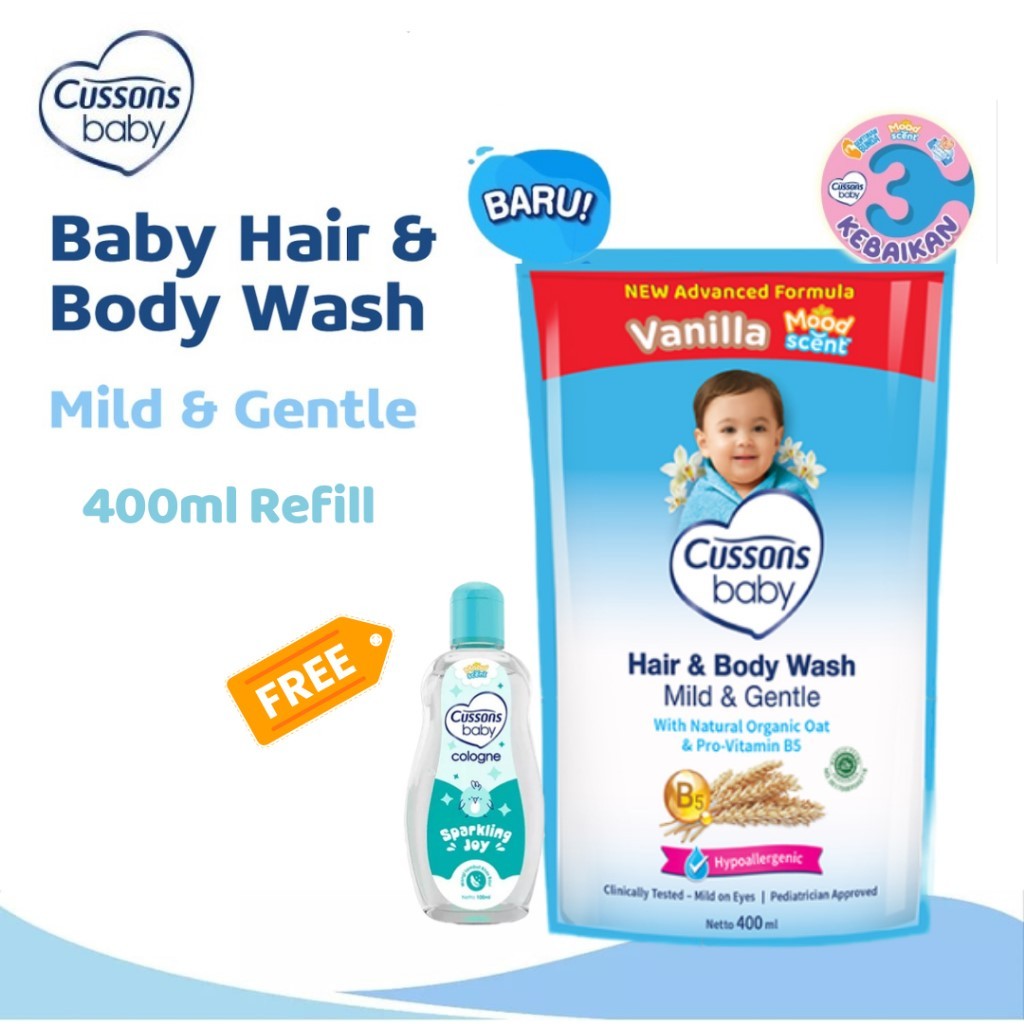 Cussons Baby Hair & Body Wash Mild & Gentle Refill 400ml + Free Cologne Sparkling Joy 50ml