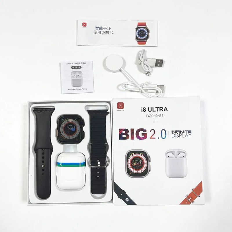i8 Ultra Earphones + Big 2.0 Infinite Display Jam Tangan Smartwatch Dua Tali