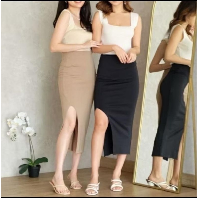 Korea Rajut Skirt 014 rok span rajut korea belah samping polos rok kantor wanita