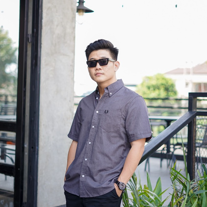 Fred Perry Short Sleeve Oxford In Grey Kemeja Pria dan Wanita Original