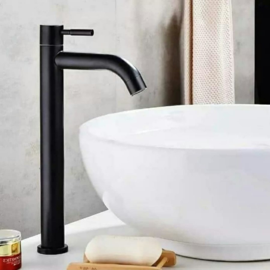 kran wastafel hitam tinggi / keran wastafel bambu mangkok hitam 30 cm