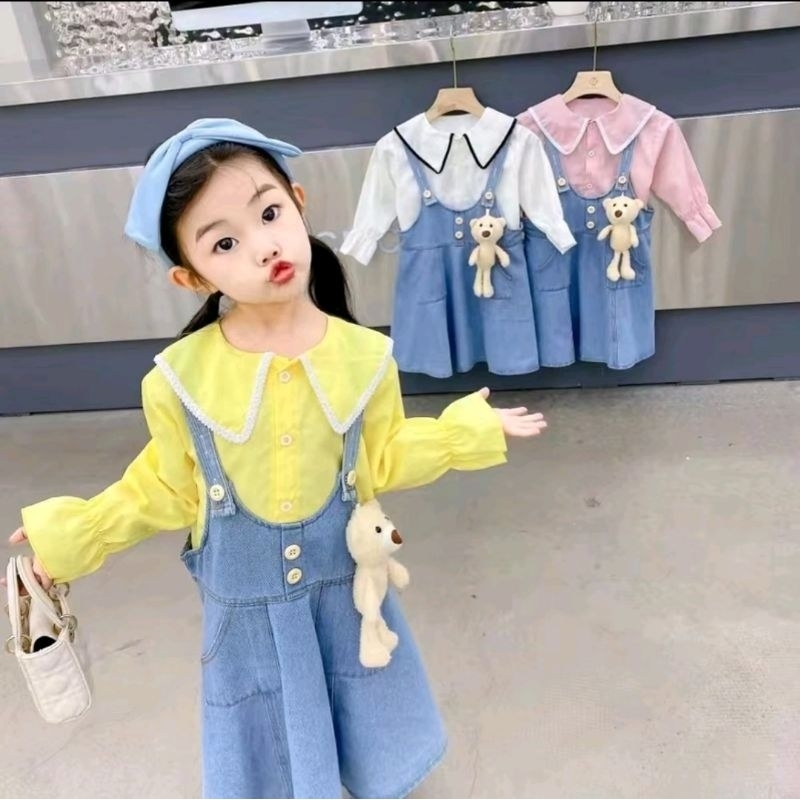 setelan overall+boneka import