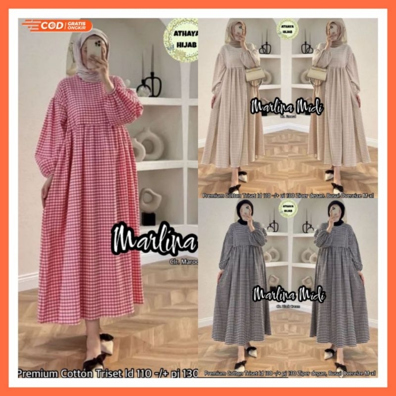 Midi Dress Katun Triset Premium Motif Kotak-Kotak Marlina Midi Dress