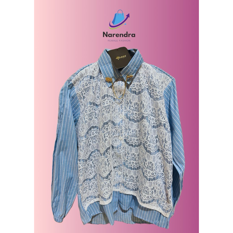 Kemeja blouse hem wanita lengan panjang salur kombinasi brukat