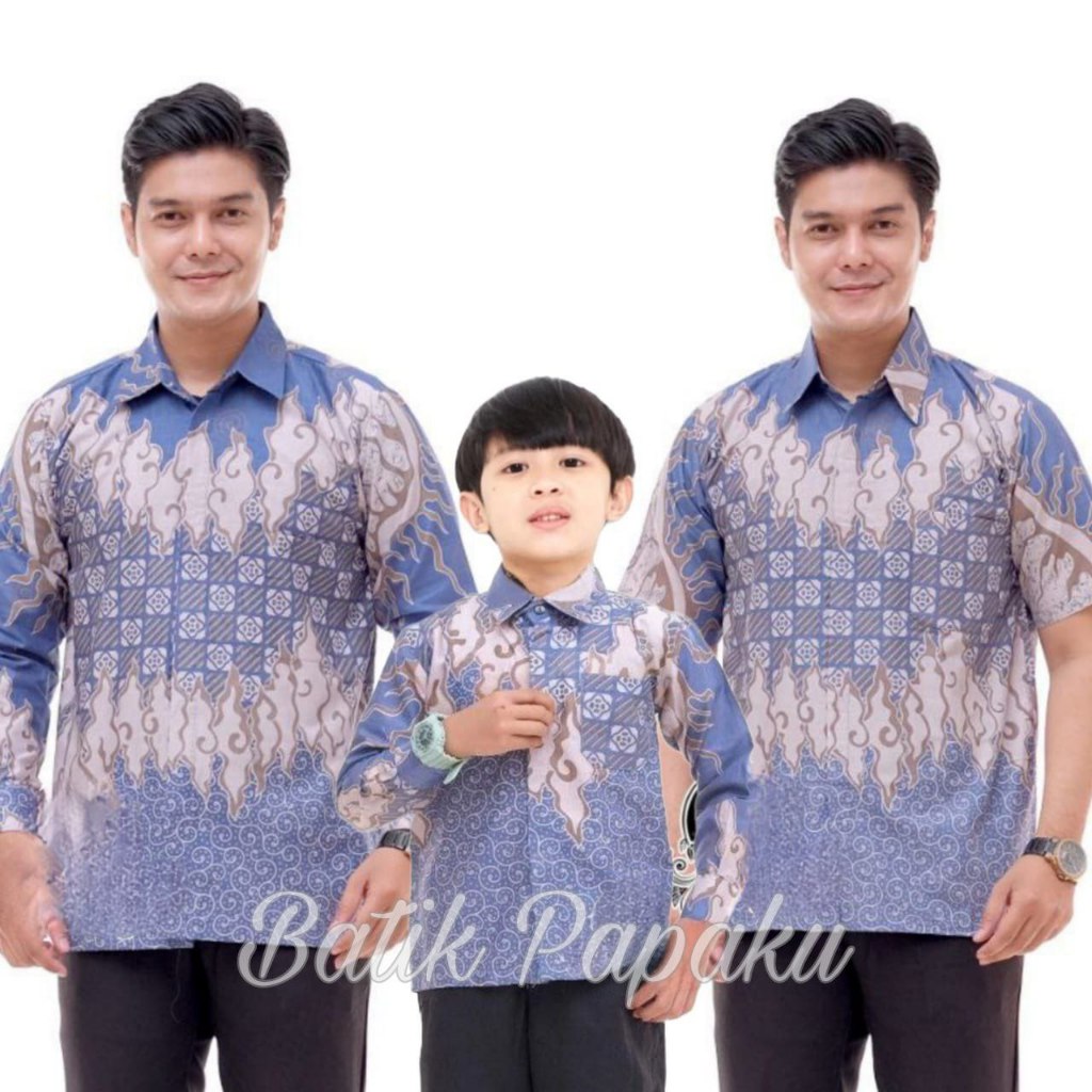 Kemeja Batik Anak Laki-Laki Lengan Panjang Batik Ayah dan Anak Cowok warna Biru Muda Sky Blue Ocean 