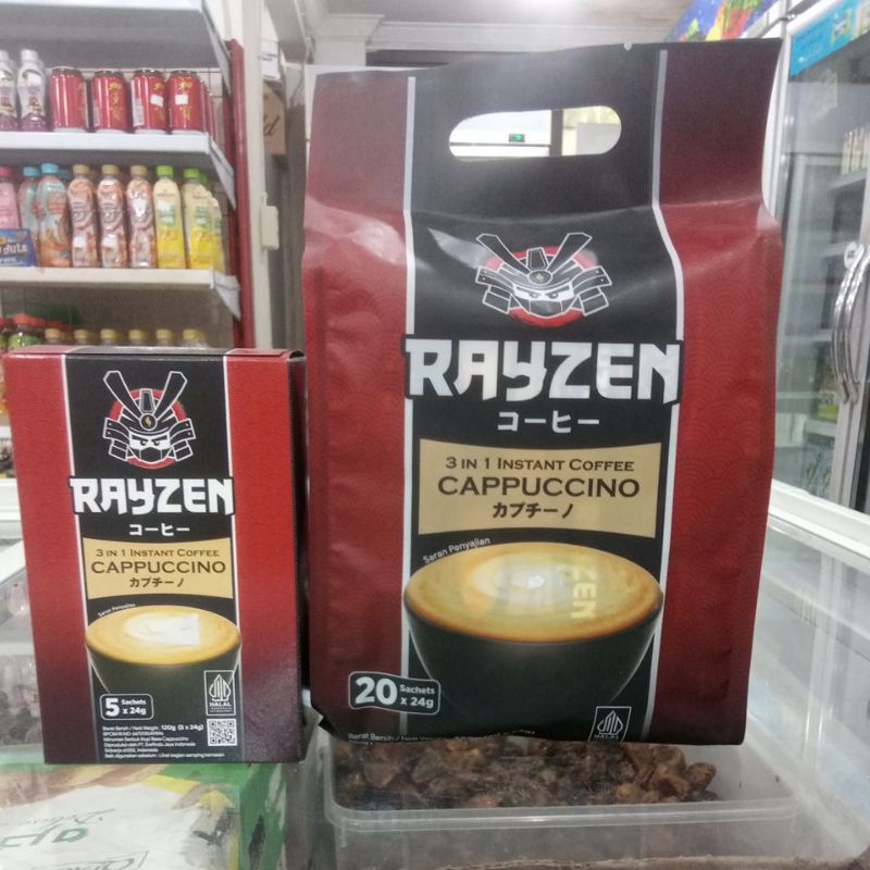 

Kopi Rayzen 3In1 instan coffe capuccino berat bersih 120gr(5x24g), 480gr (20sachetX24gr)