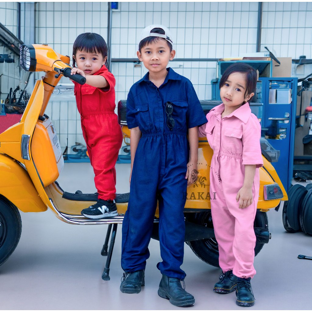 RAKAI Jims Wearpack Anak Laki-Laki Perempuan 2-9 Tahun Baju Profesi Montir Mekanik Lengan Pendek