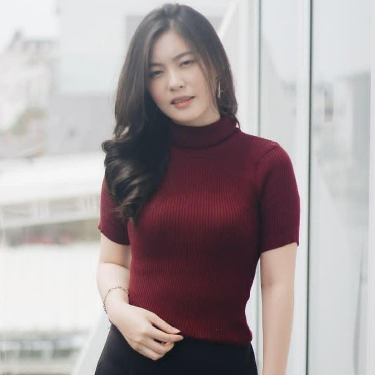 Turtleneck EMILY Lengan Pendek / Atasan Rajut Kerah Tinggi Lengan Pendek