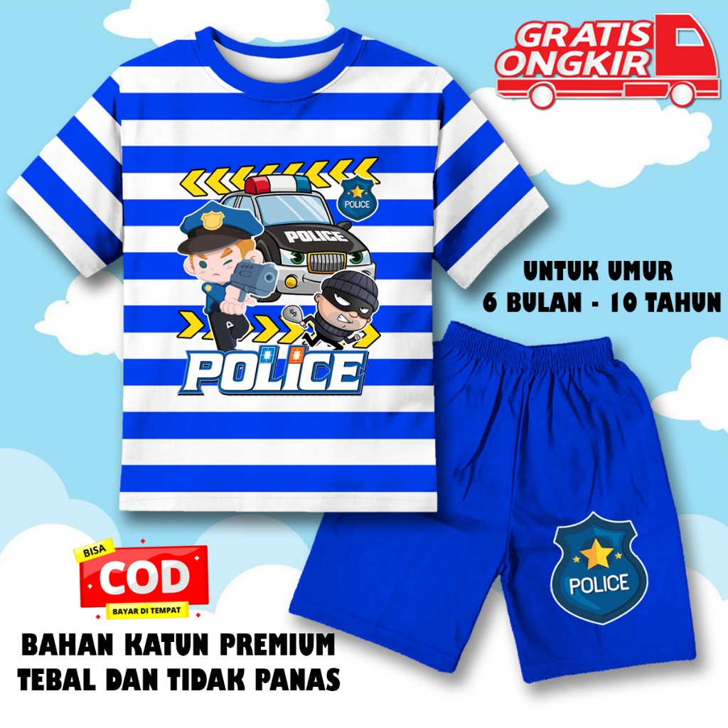 Setelan salur lengan pendek anak laki laki perempuan kaos pendek anak unisex motif polisi dtf