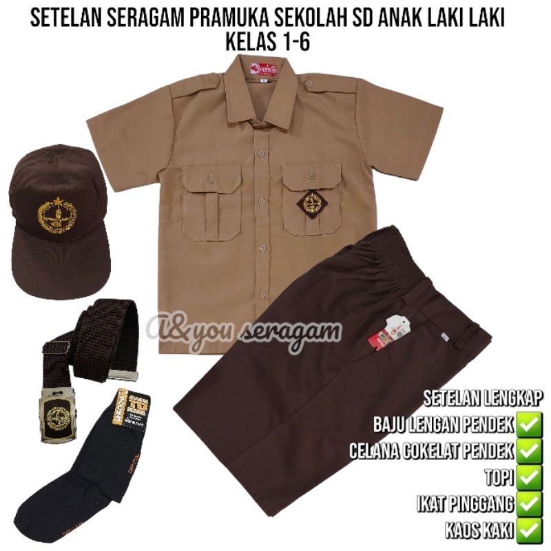 setelan seragam pramuka SD anak laki laki lengan pendek celana pendek