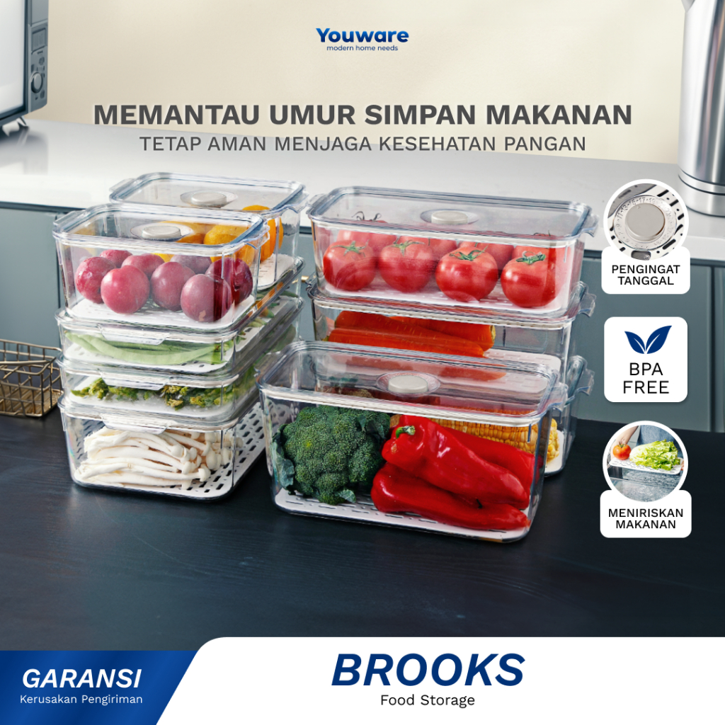 Youware - BROOKS (SET BUNDLING) Storage kulkas dengan aplikator penanggalan / Wadah Sayur /