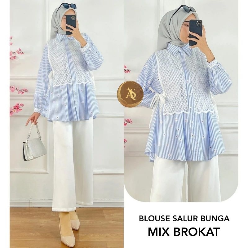 Blus Salur Bunga Mix Brokat Wanita Lengan Panjang Bahan Katun