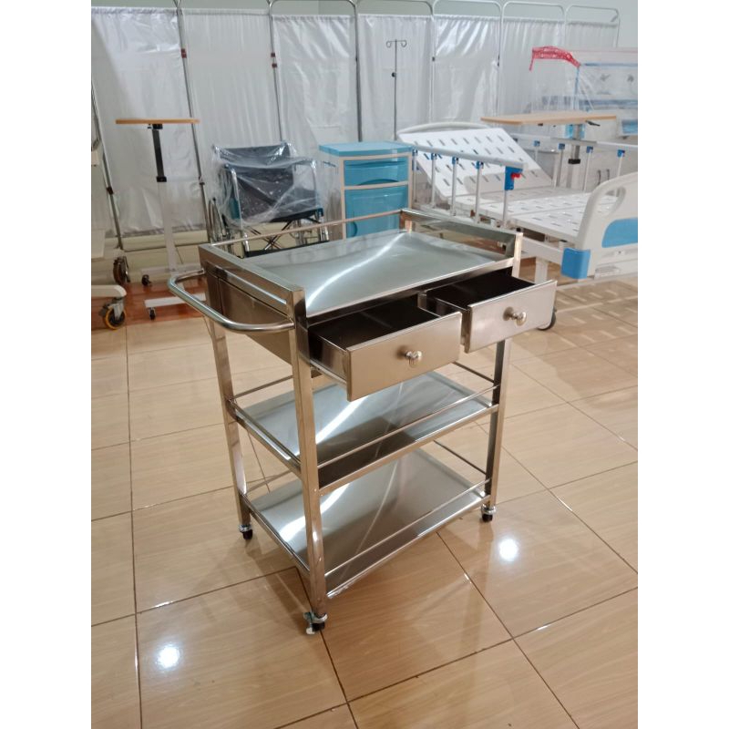 Trolley instrumen 3 rak laci stainless / troli stainless / meja instrumen stainless