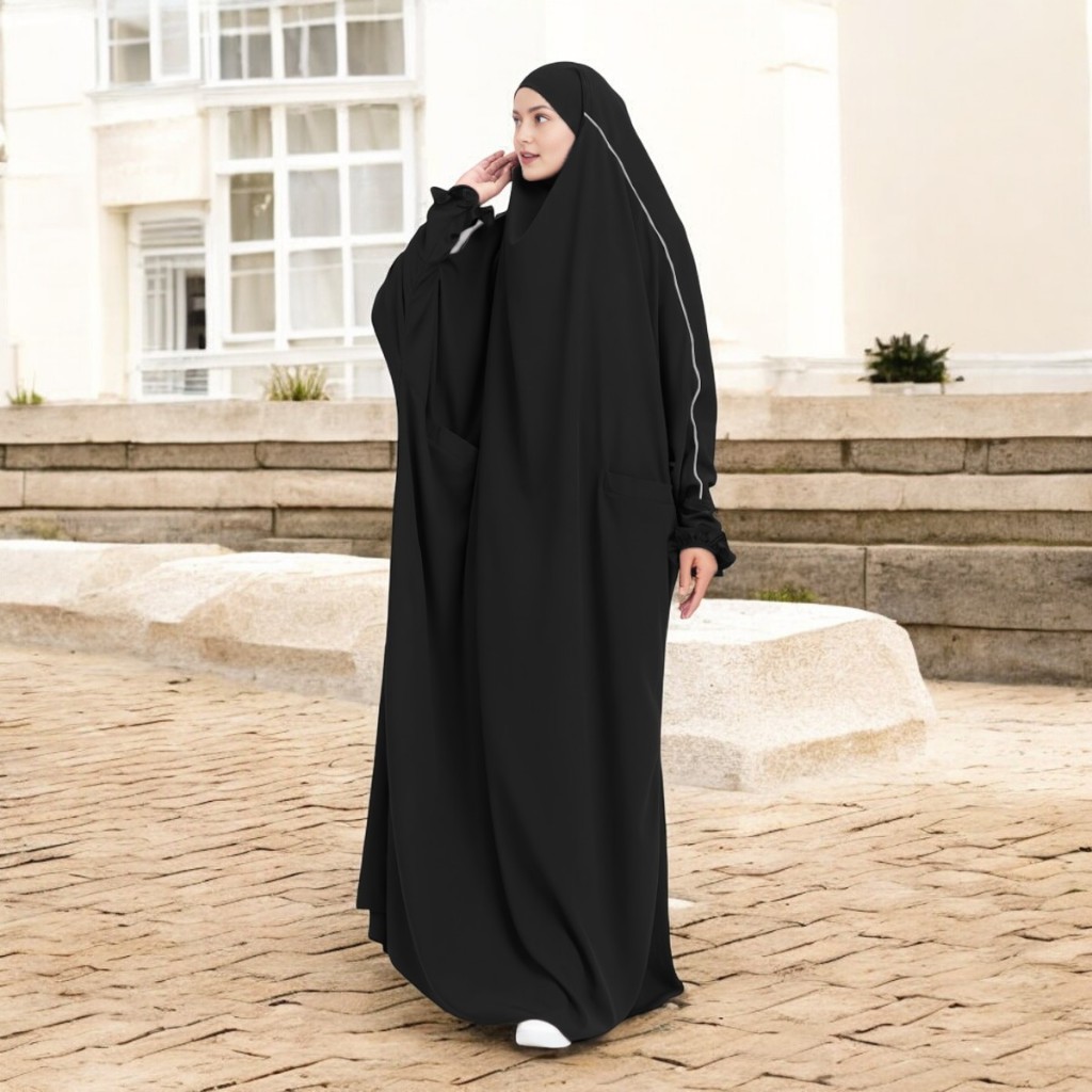 Abaya Hitam Polos Meutia Gamis Overhead Baju Kurung Saku Kiri Kanan Bahan Jetblack Premium