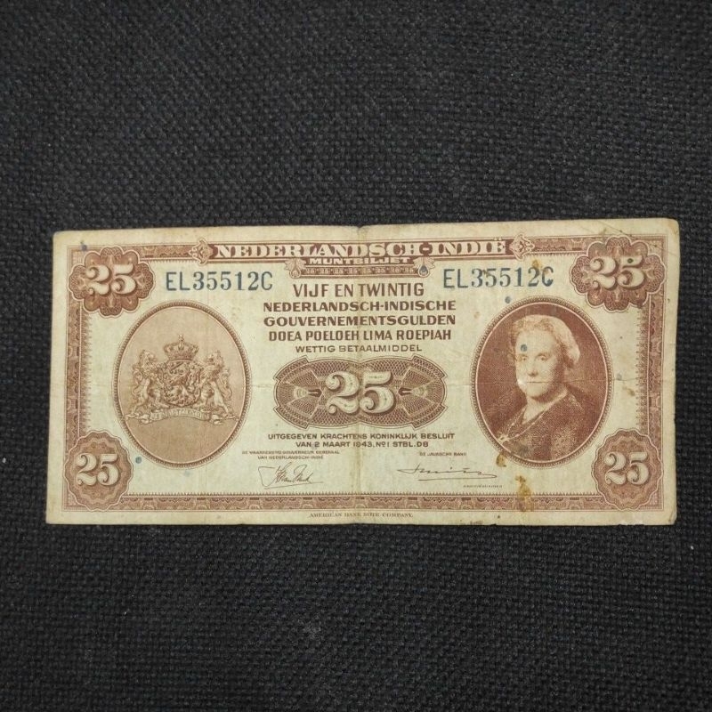 Kertas lama indo nederlandsch indie Nica 25 Gulden 1943