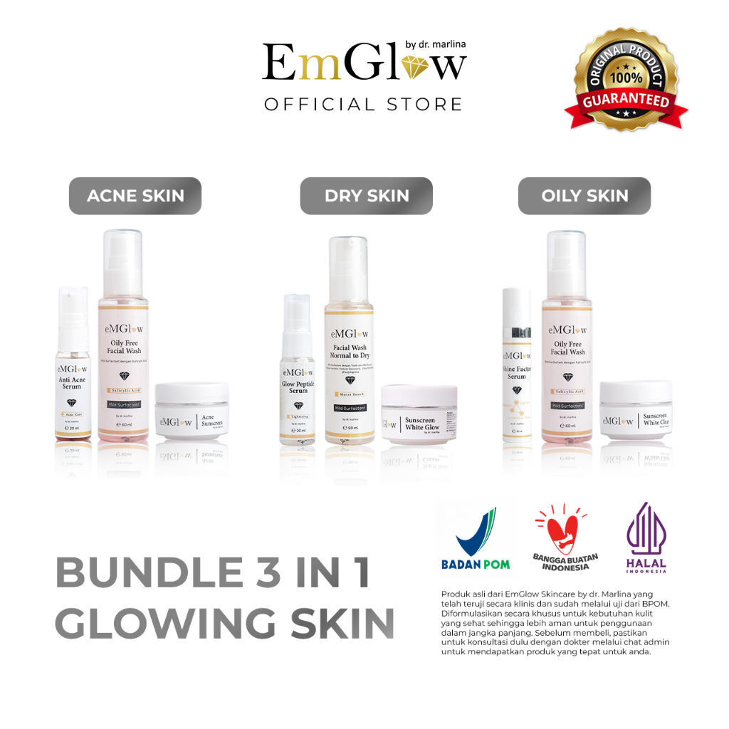 EmGlow - BUNDLE 3 IN 1 | Paket Lite Skincare Glowing Acne, Dry & Oily Skin